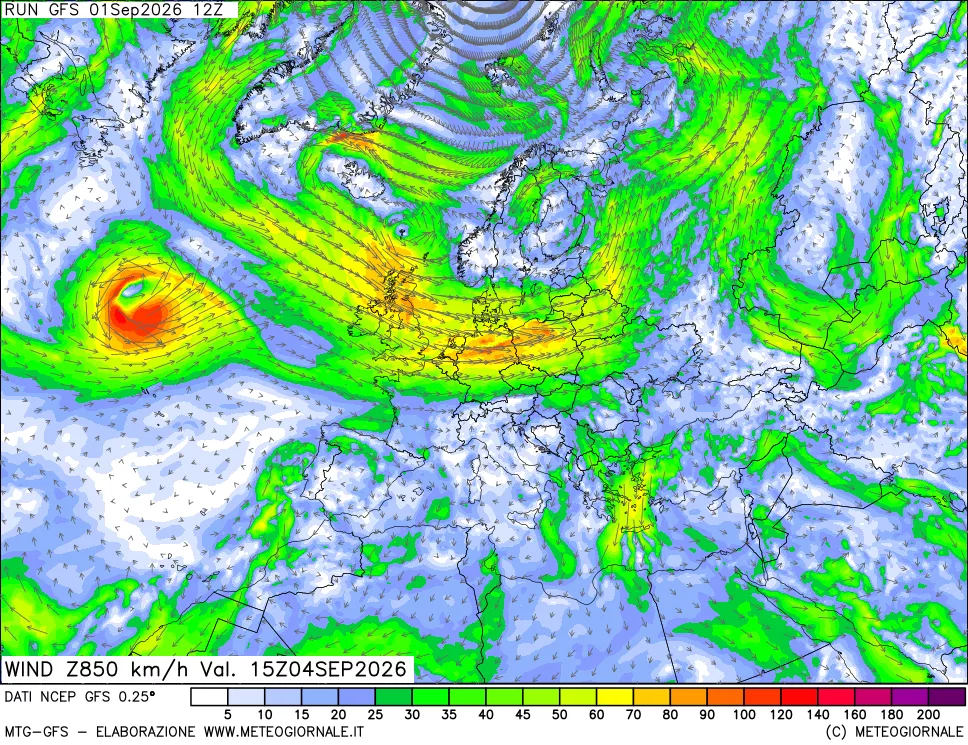 mappa 850 hPa Vento forza e direzione