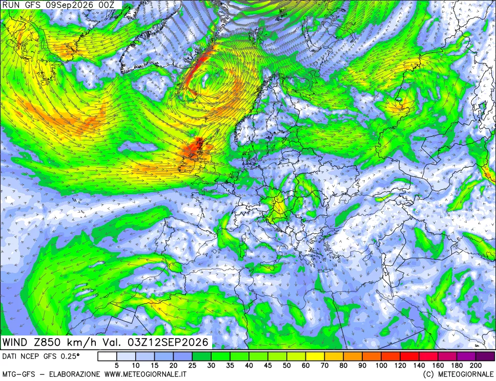 mappa 850 hPa Vento forza e direzione