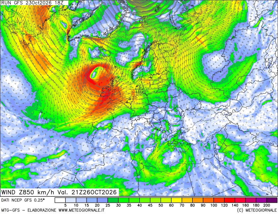 mappa 850 hPa Vento forza e direzione