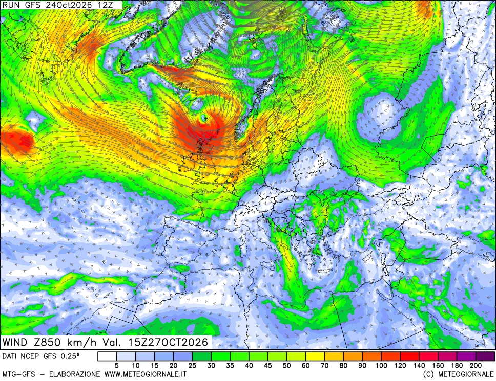 mappa 850 hPa Vento forza e direzione