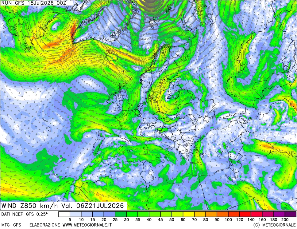 mappa 850 hPa Vento forza e direzione