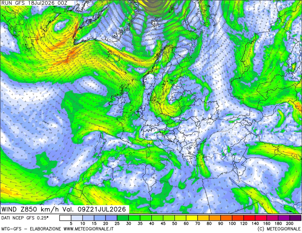 mappa 850 hPa Vento forza e direzione