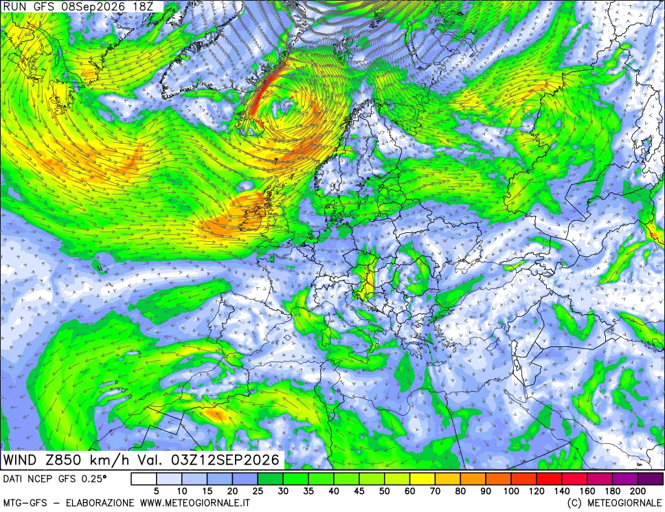 mappa 850 hPa Vento forza e direzione