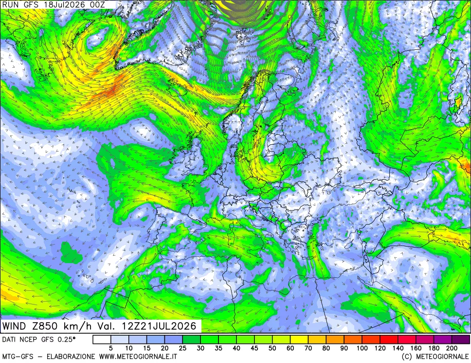 mappa 850 hPa Vento forza e direzione