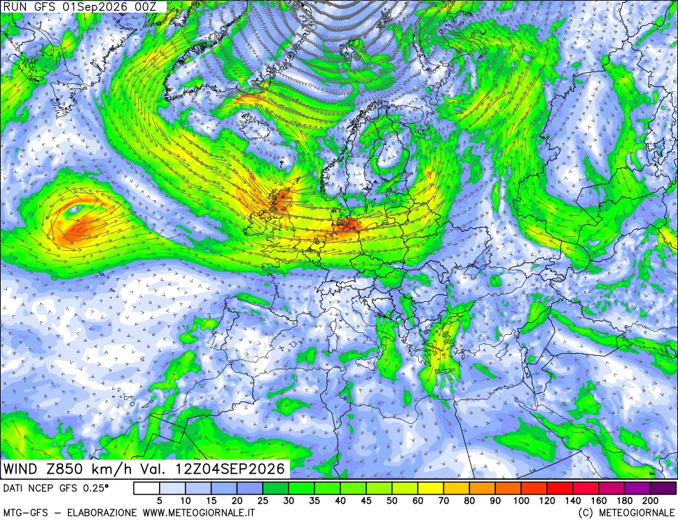 mappa 850 hPa Vento forza e direzione