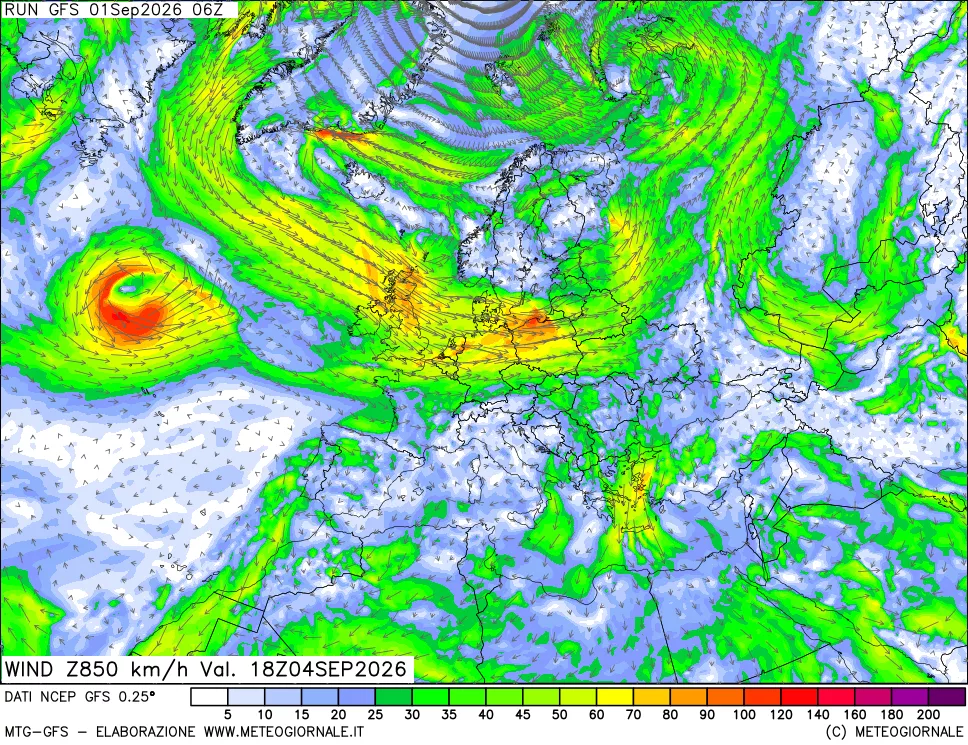 mappa 850 hPa Vento forza e direzione