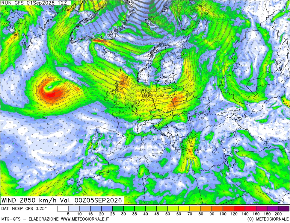 mappa 850 hPa Vento forza e direzione