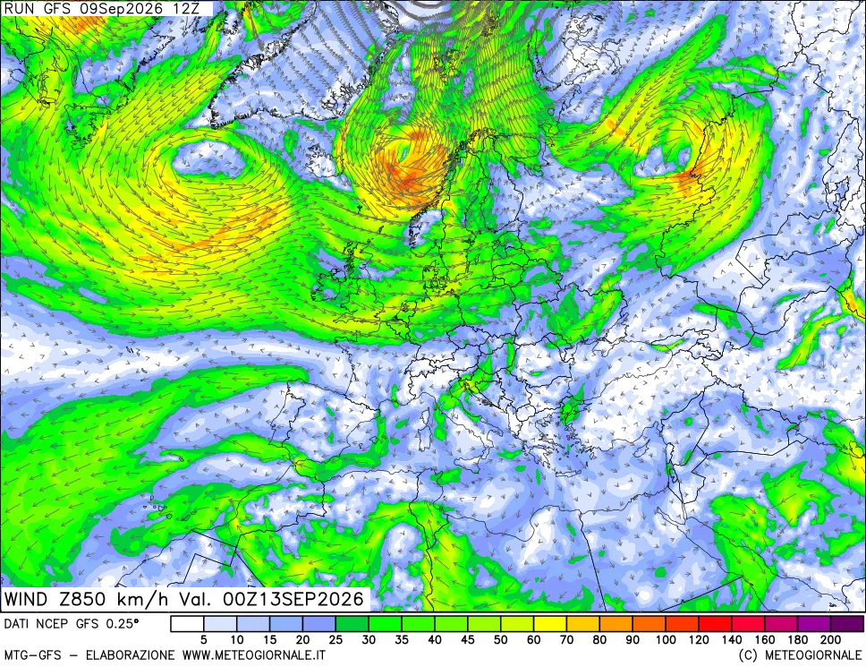 mappa 850 hPa Vento forza e direzione