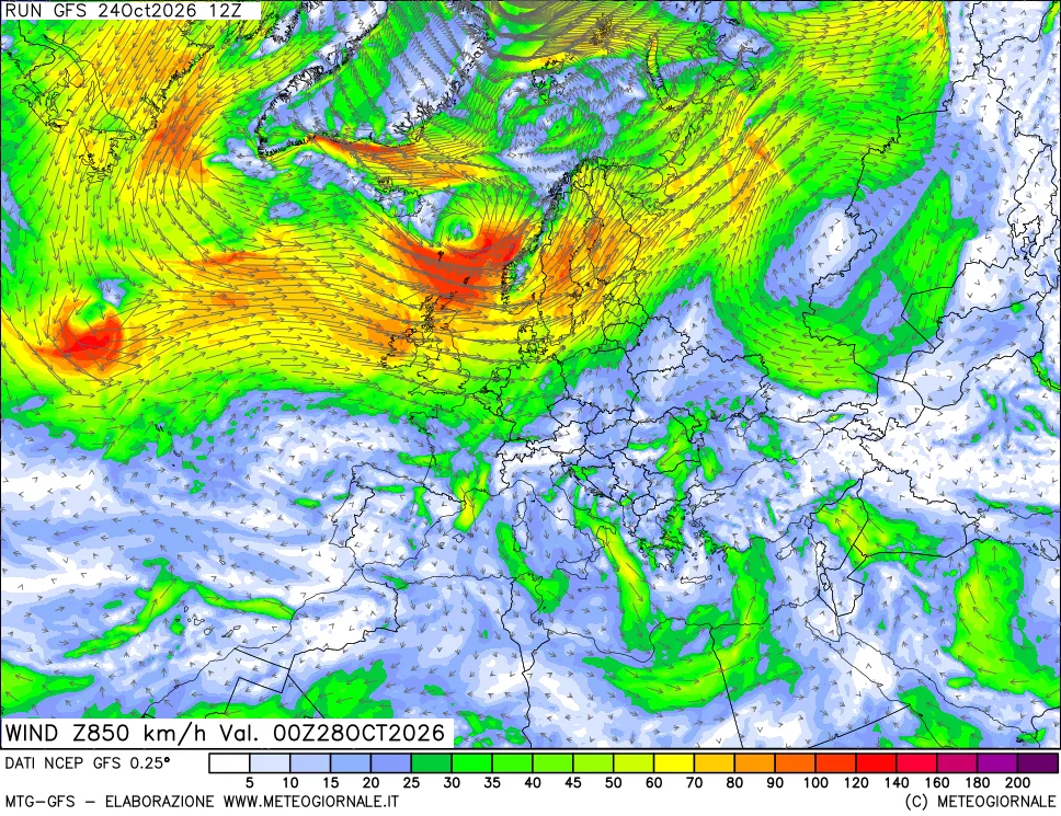 mappa 850 hPa Vento forza e direzione