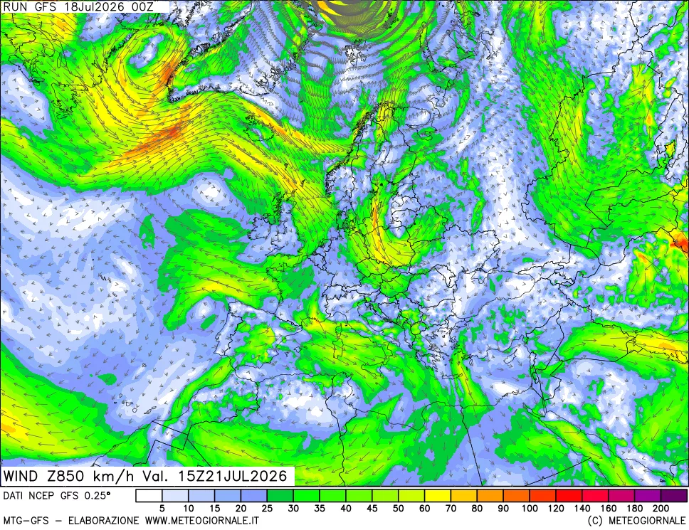 mappa 850 hPa Vento forza e direzione