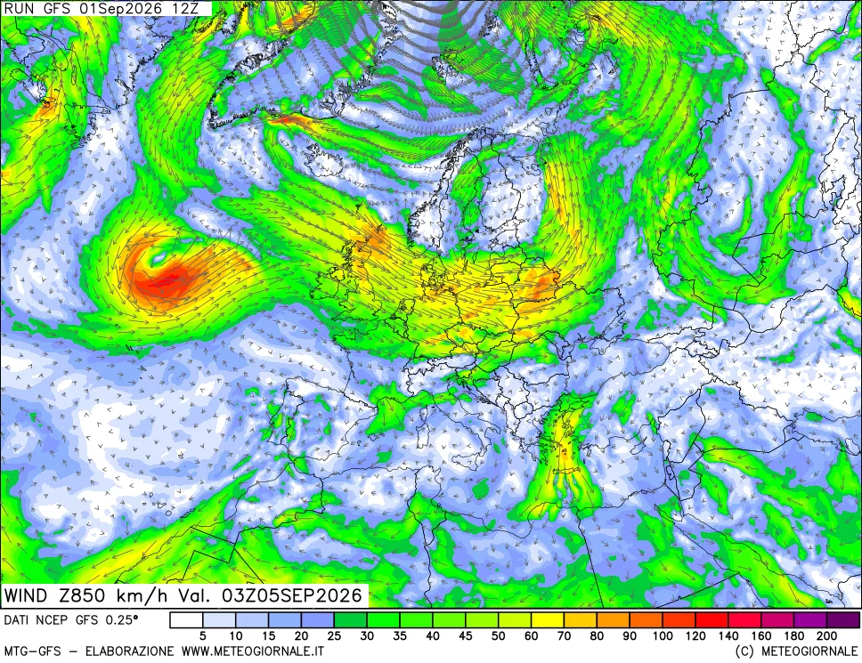 mappa 850 hPa Vento forza e direzione