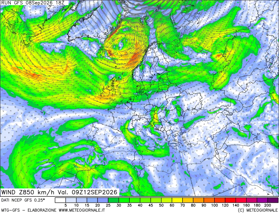 mappa 850 hPa Vento forza e direzione