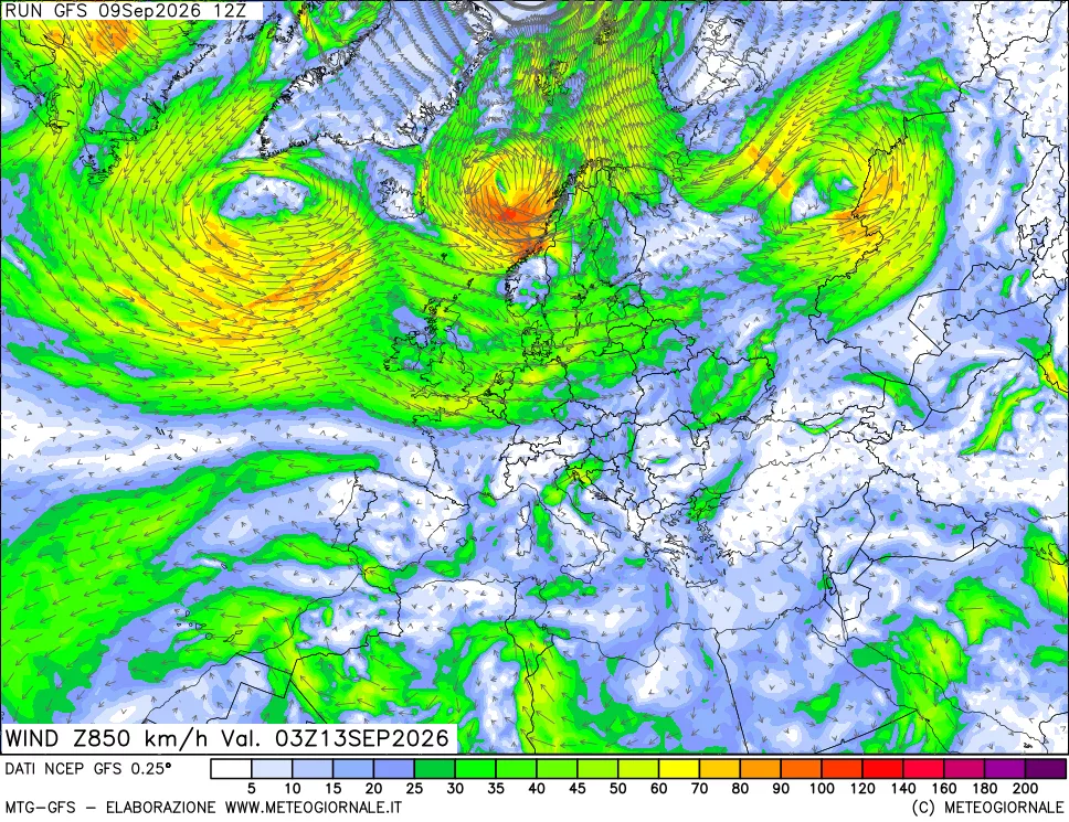 mappa 850 hPa Vento forza e direzione