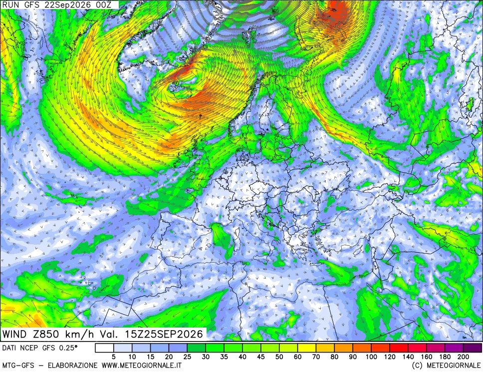 mappa 850 hPa Vento forza e direzione
