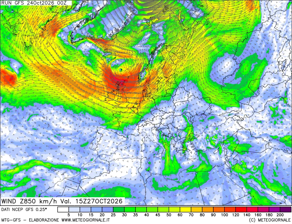 mappa 850 hPa Vento forza e direzione