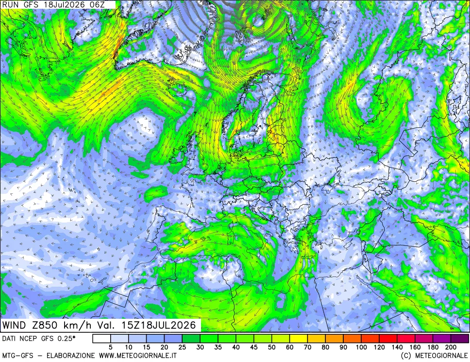 mappa 850 hPa Vento forza e direzione