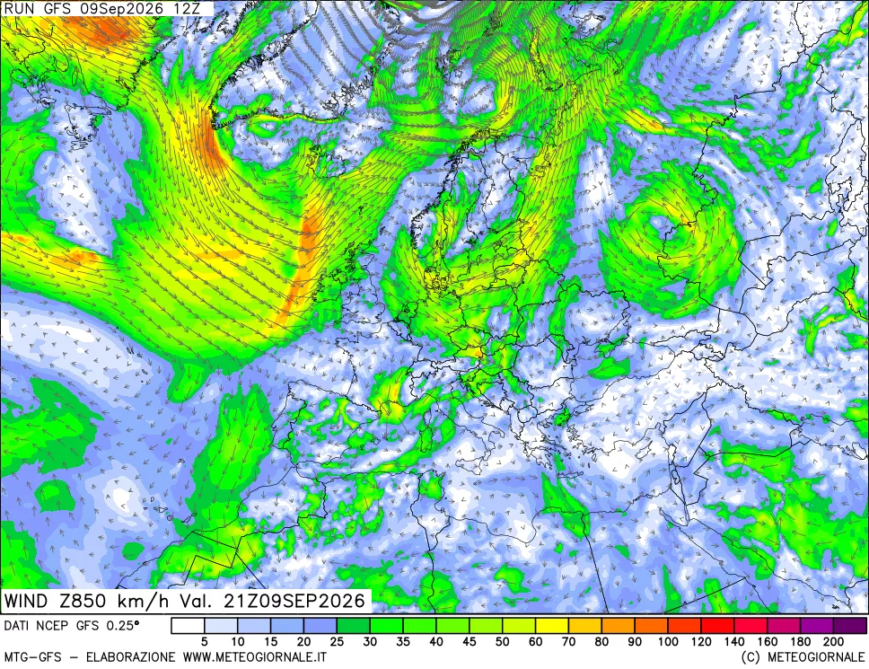 mappa 850 hPa Vento forza e direzione