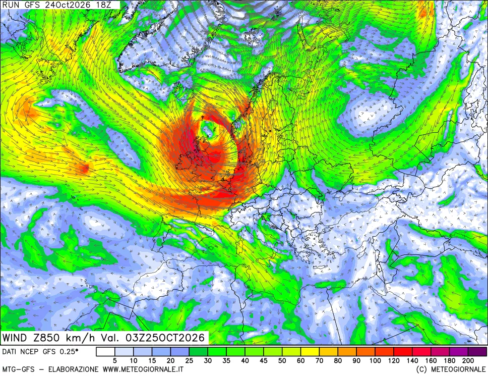 mappa 850 hPa Vento forza e direzione