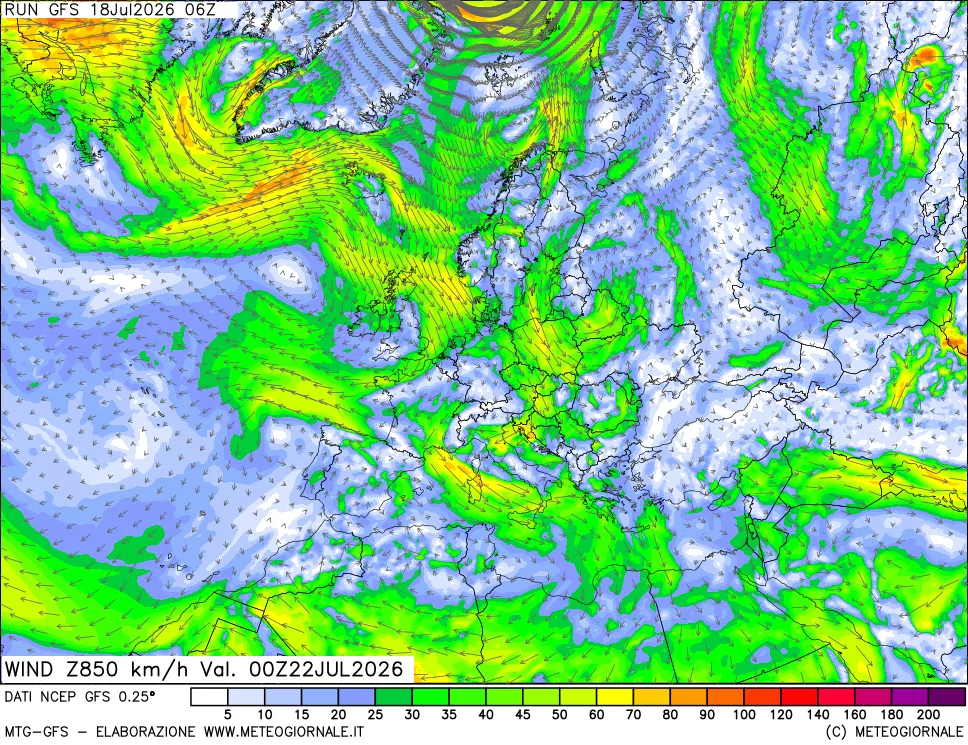 mappa 850 hPa Vento forza e direzione