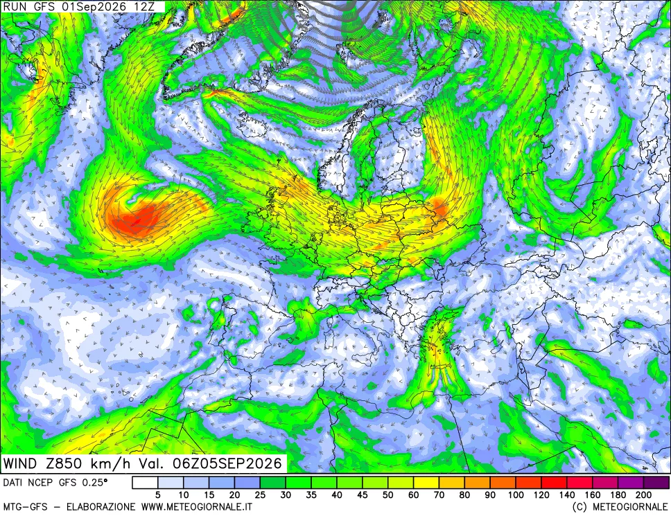 mappa 850 hPa Vento forza e direzione