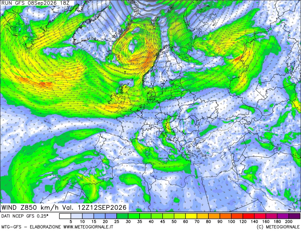 mappa 850 hPa Vento forza e direzione