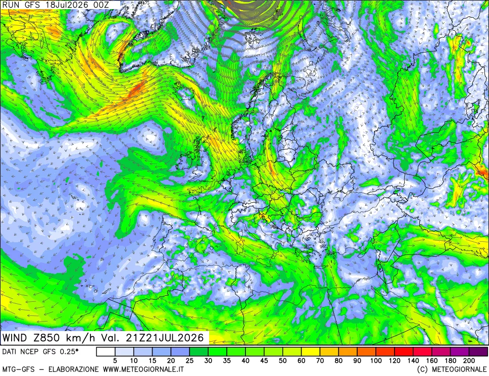 mappa 850 hPa Vento forza e direzione