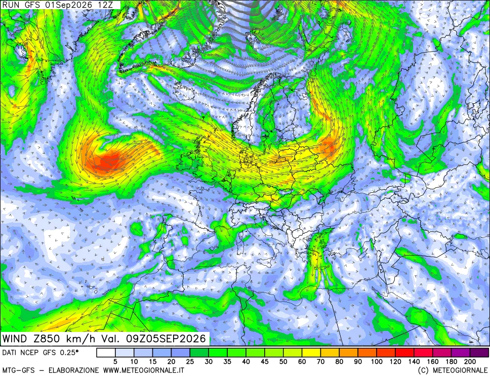 mappa 850 hPa Vento forza e direzione