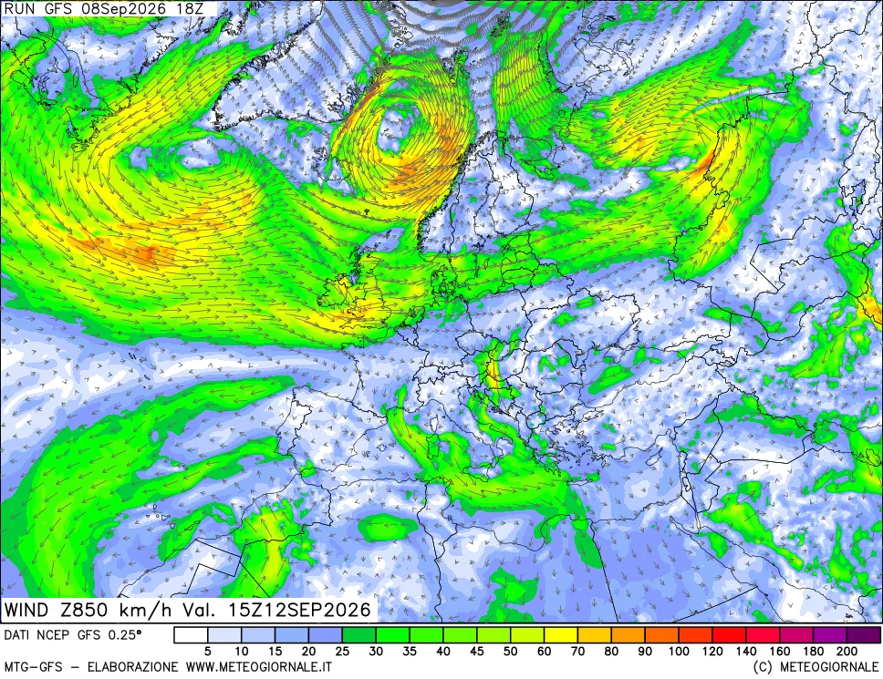 mappa 850 hPa Vento forza e direzione