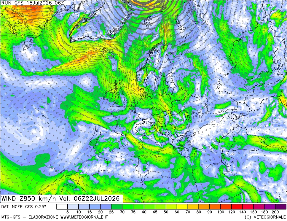 mappa 850 hPa Vento forza e direzione