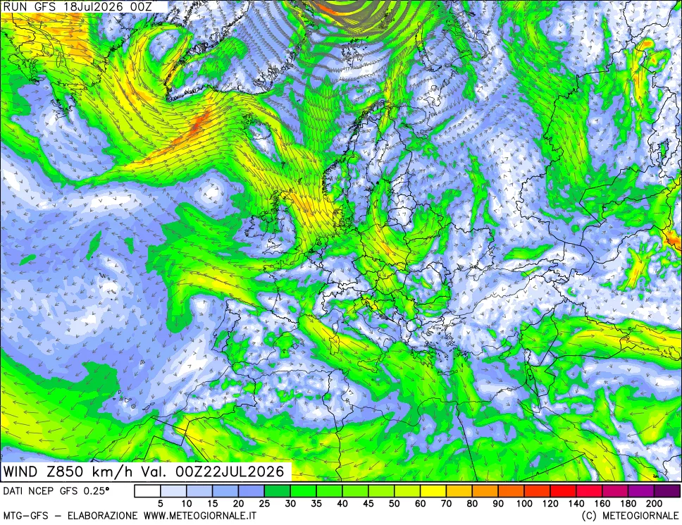 mappa 850 hPa Vento forza e direzione