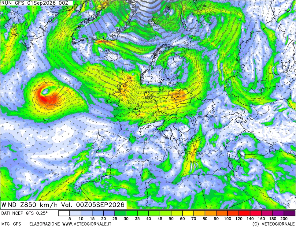 mappa 850 hPa Vento forza e direzione