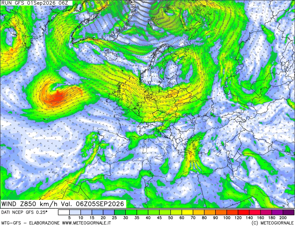 mappa 850 hPa Vento forza e direzione