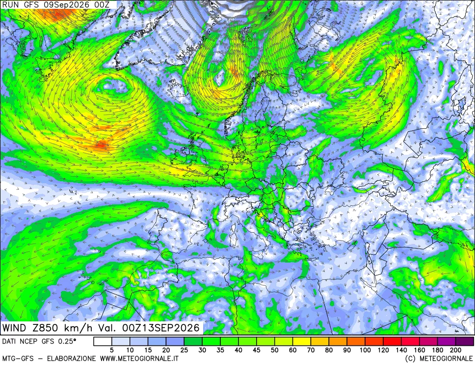 mappa 850 hPa Vento forza e direzione