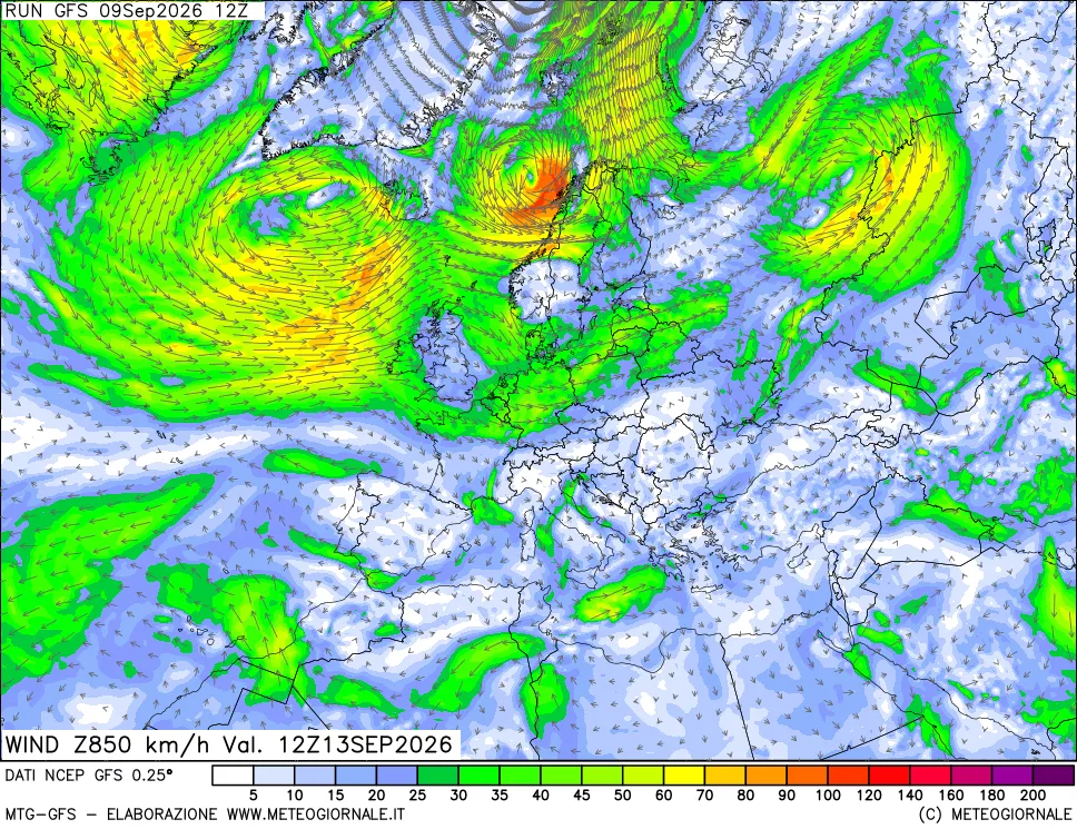 mappa 850 hPa Vento forza e direzione