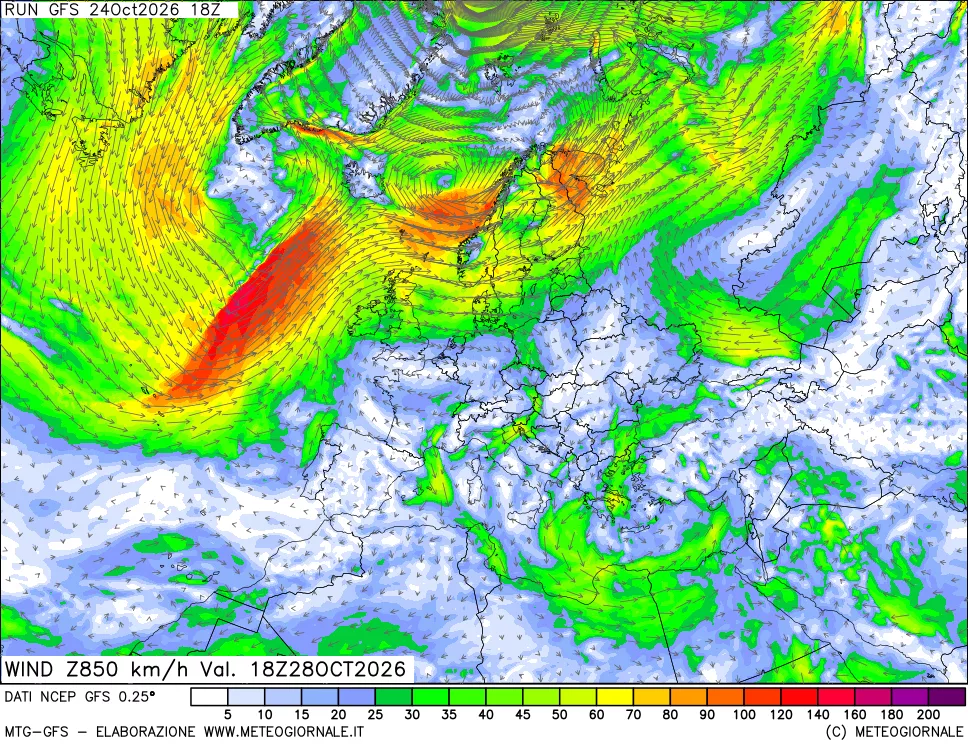 mappa 850 hPa Vento forza e direzione