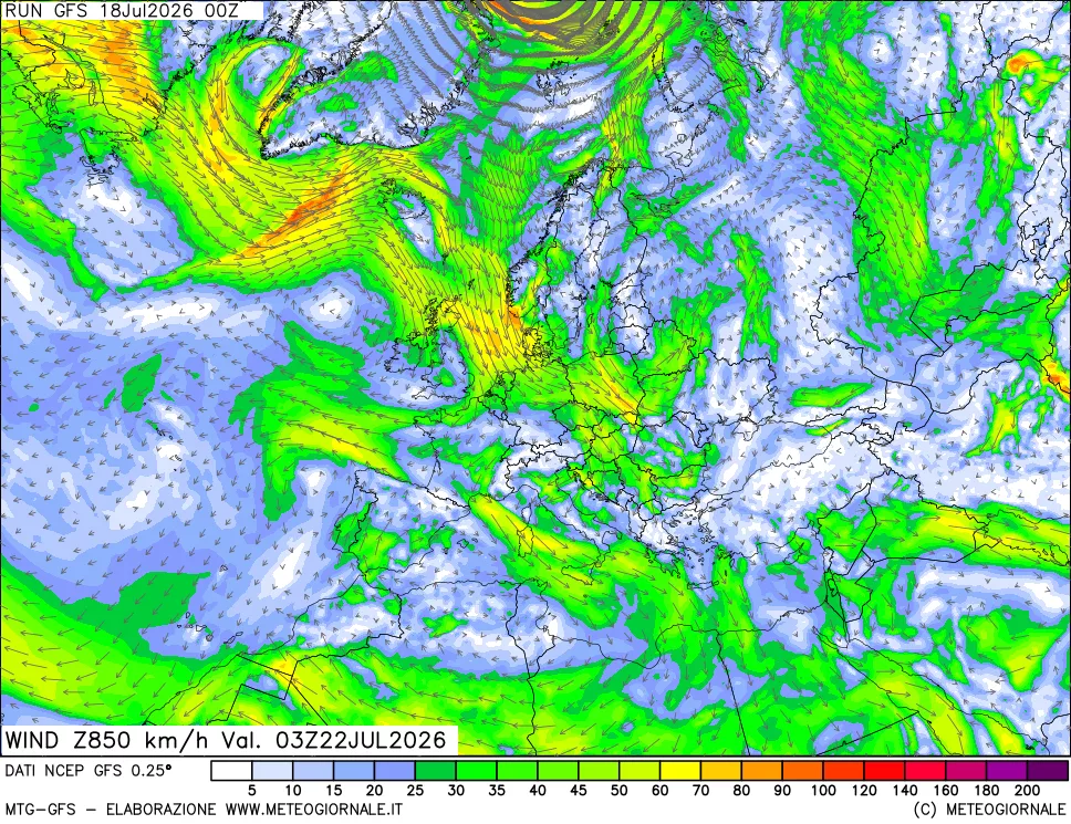 mappa 850 hPa Vento forza e direzione