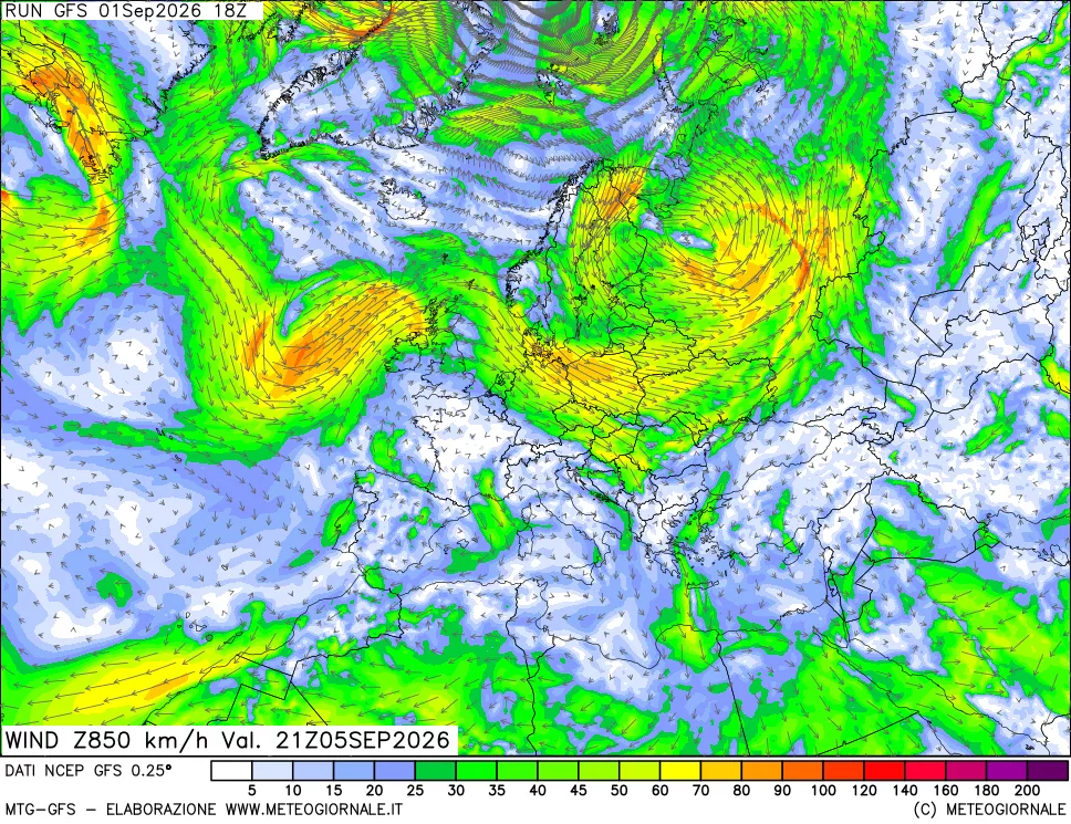 mappa 850 hPa Vento forza e direzione