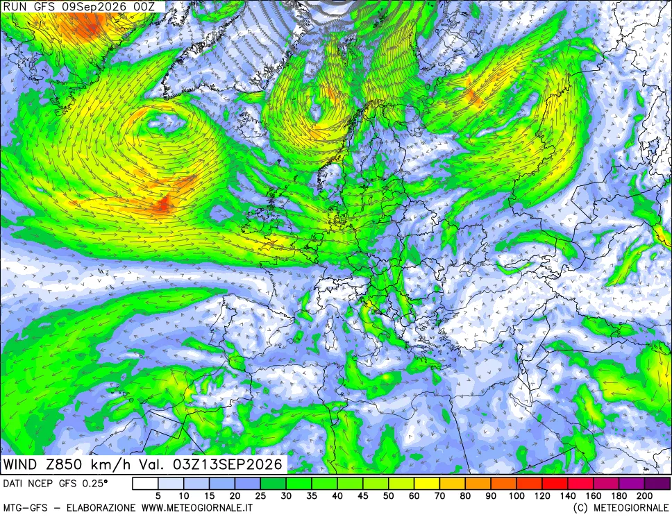 mappa 850 hPa Vento forza e direzione