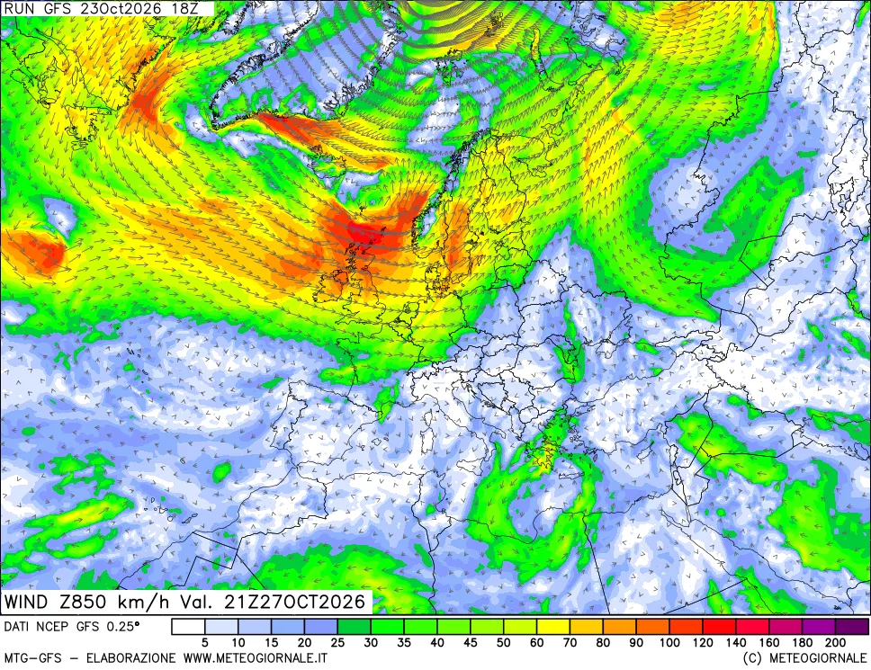 mappa 850 hPa Vento forza e direzione