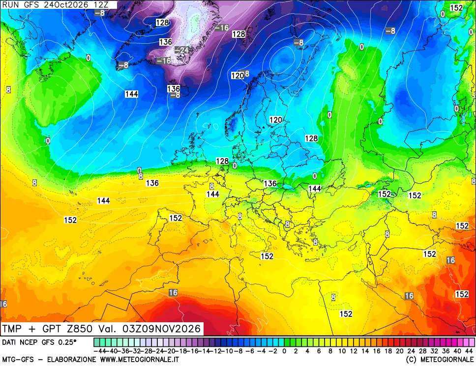 mappa 850 hPa Temp + GPT