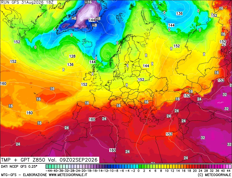 mappa 850 hPa Temp + GPT