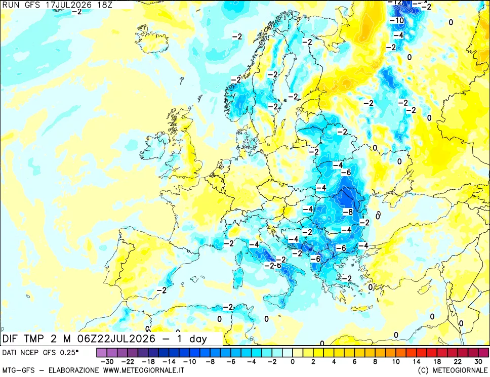 mappa Dif. Temp a 2 metri Valid - 1 day