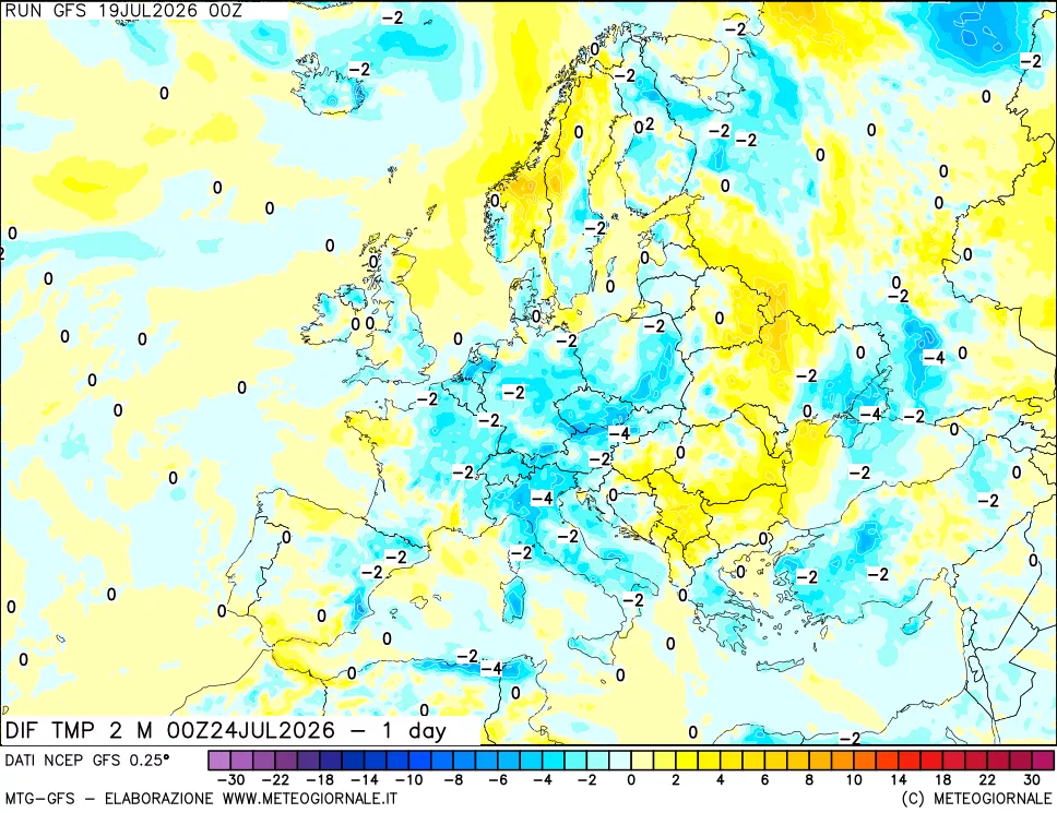 mappa Dif. Temp a 2 metri Valid - 1 day