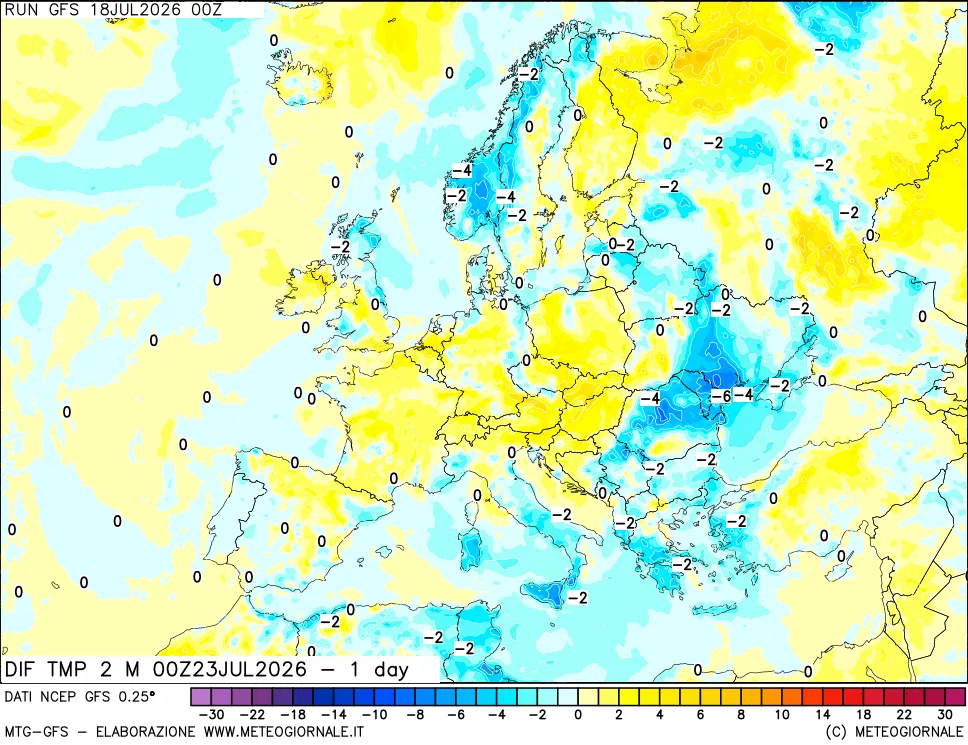 mappa Dif. Temp a 2 metri Valid - 1 day