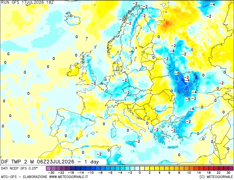 mappa Dif. Temp a 2 metri Valid - 1 day
