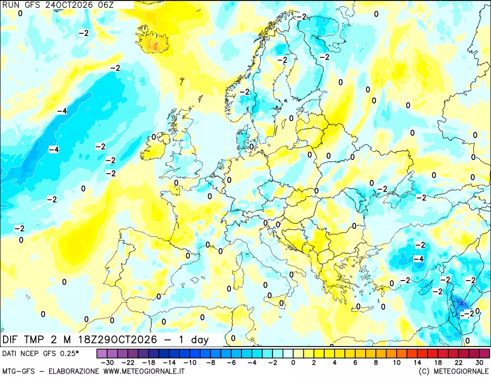 mappa Dif. Temp a 2 metri Valid - 1 day