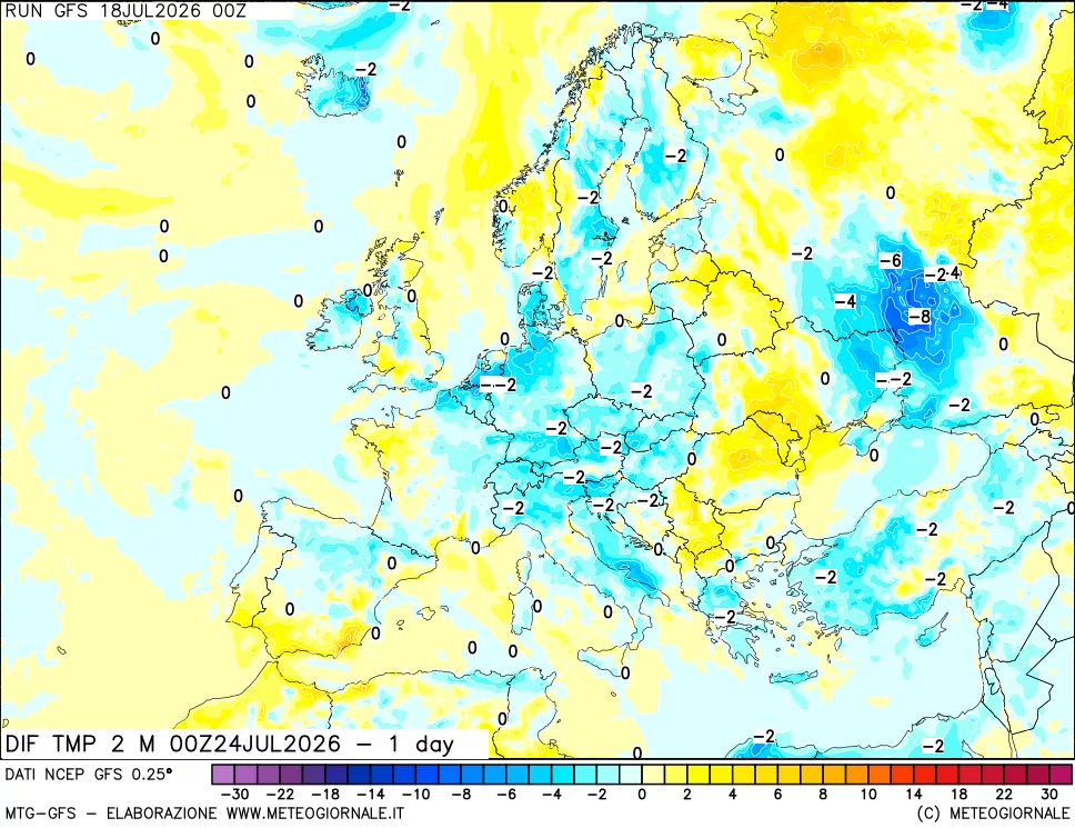 mappa Dif. Temp a 2 metri Valid - 1 day