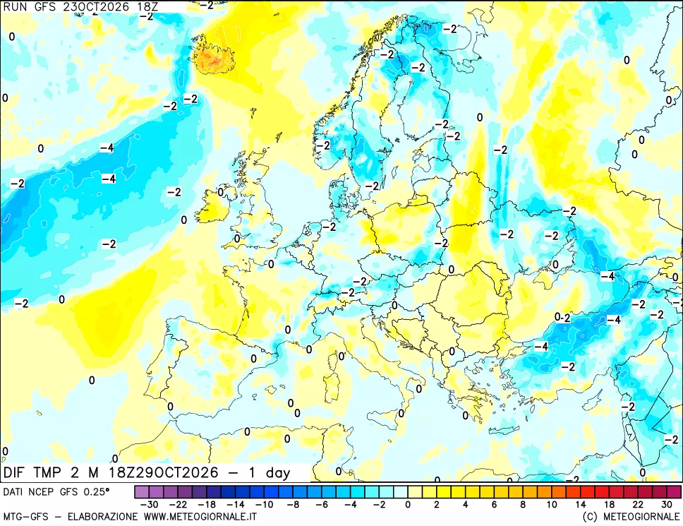 mappa Dif. Temp a 2 metri Valid - 1 day