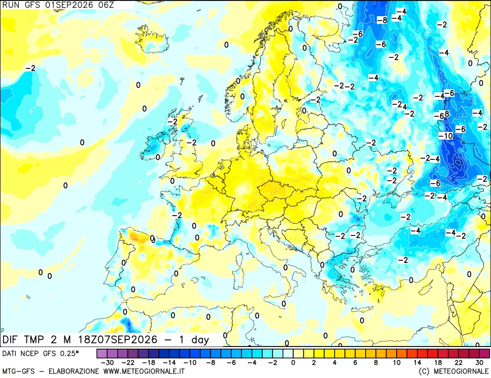 mappa Dif. Temp a 2 metri Valid - 1 day