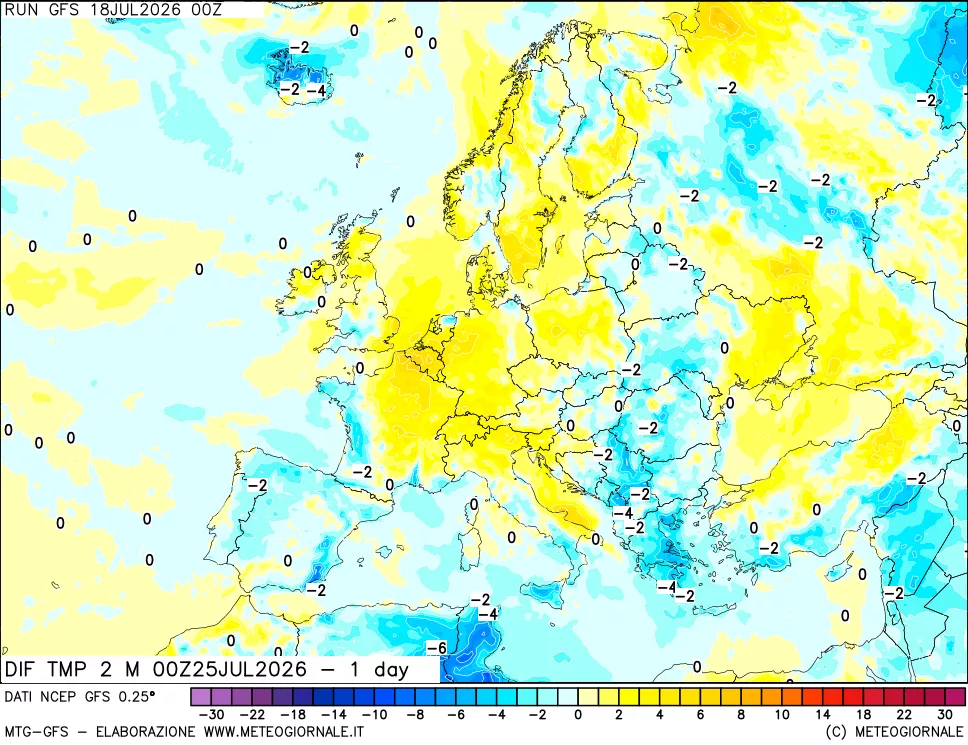 mappa Dif. Temp a 2 metri Valid - 1 day